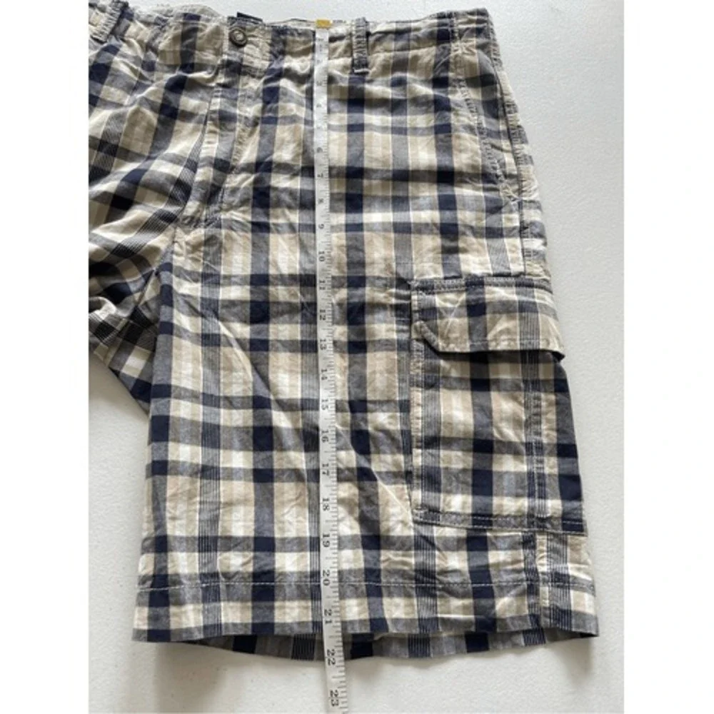 IZOD‎ Mens Plaid Cargo Shorts Navy Blue Tan White Cotton Size 38